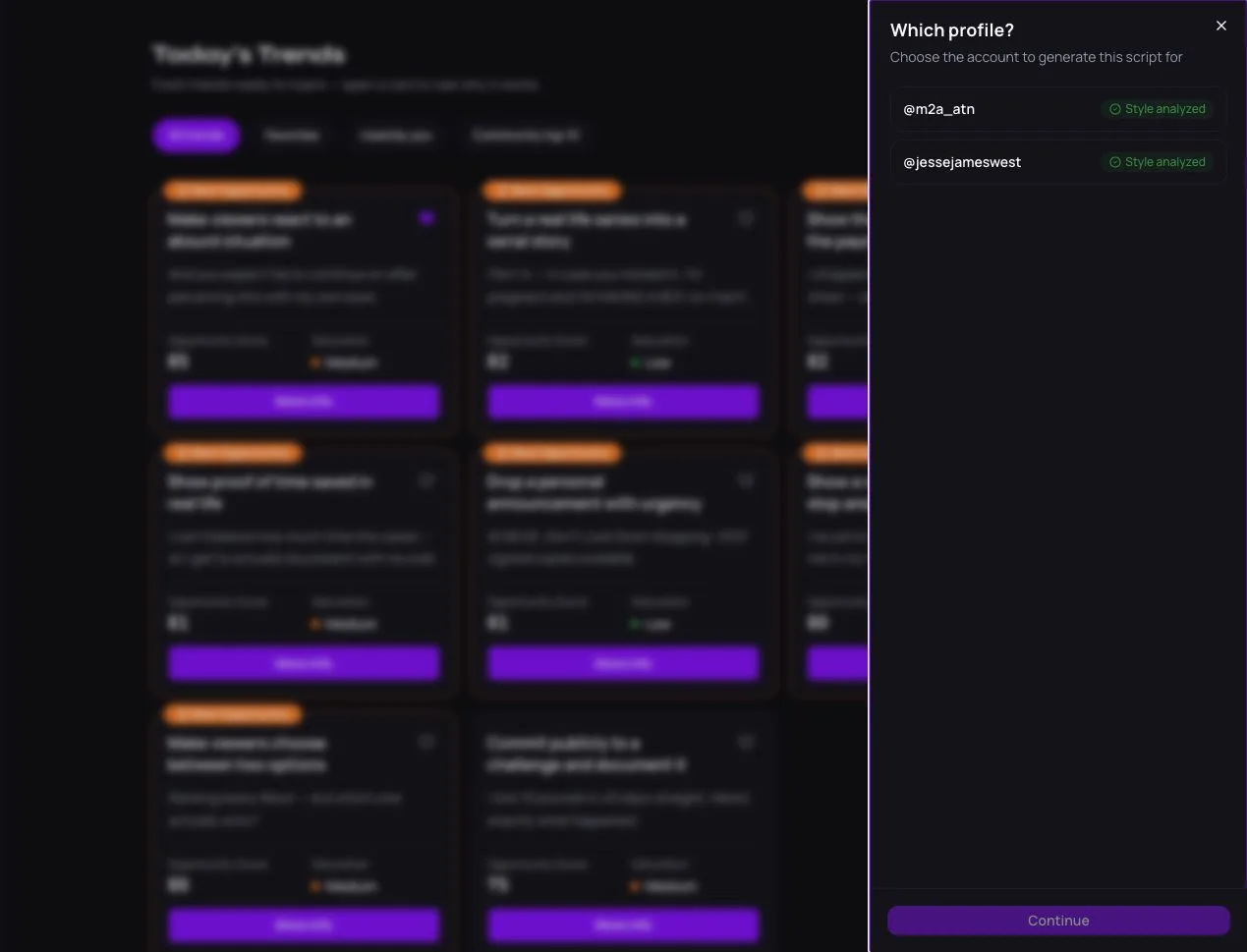 Sélection d'un profil TikTok analysé avant la génération du script