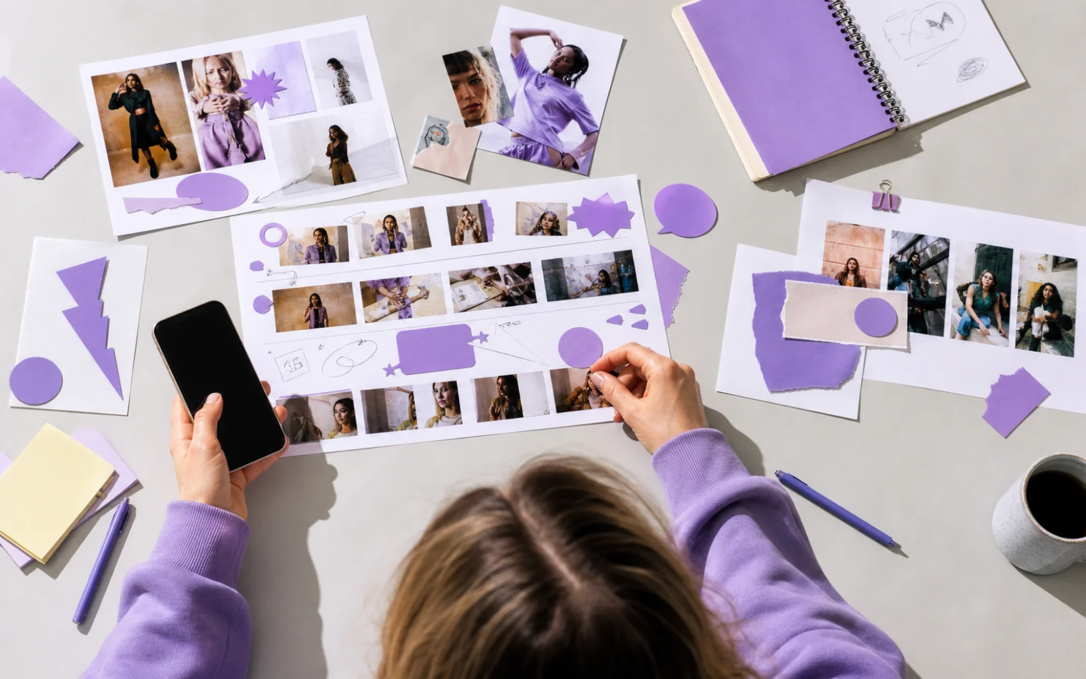 Une créatrice assemble une planche de contenu avec son téléphone
