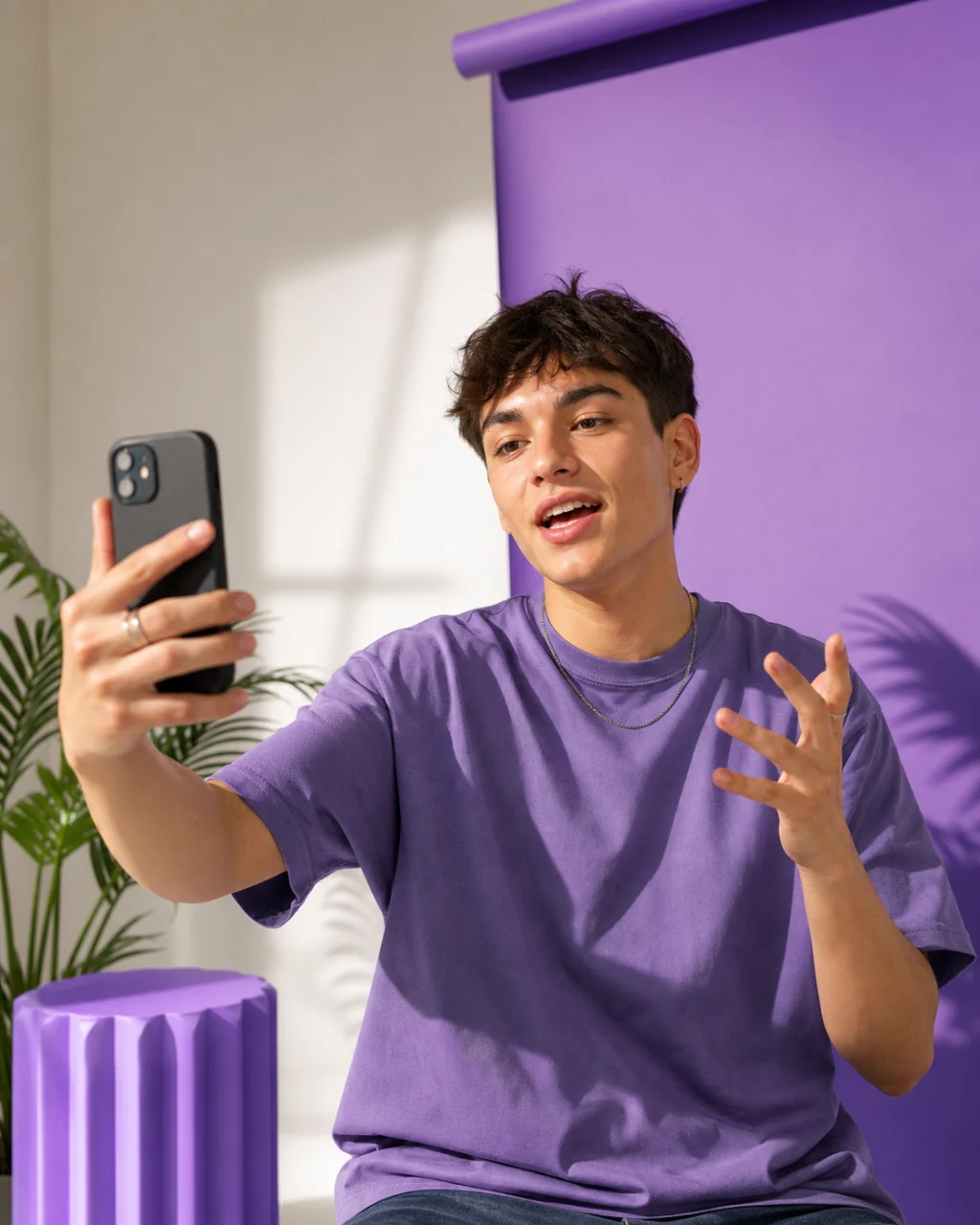 Un jeune créateur tourne une vidéo avec son téléphone dans un studio lumineux